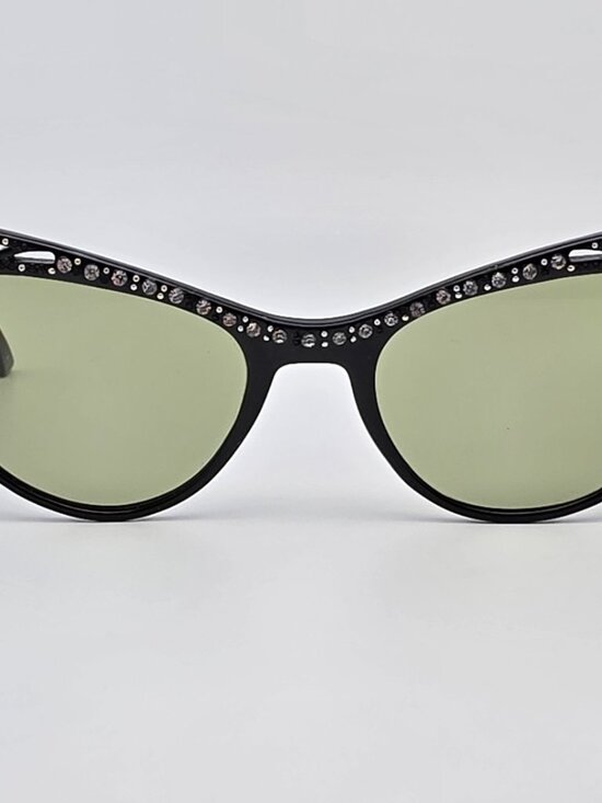 1950’s Black Rhinestone Frame G-15 Green Glass Lens Vintage Cat Eye Sunglasses main image 6